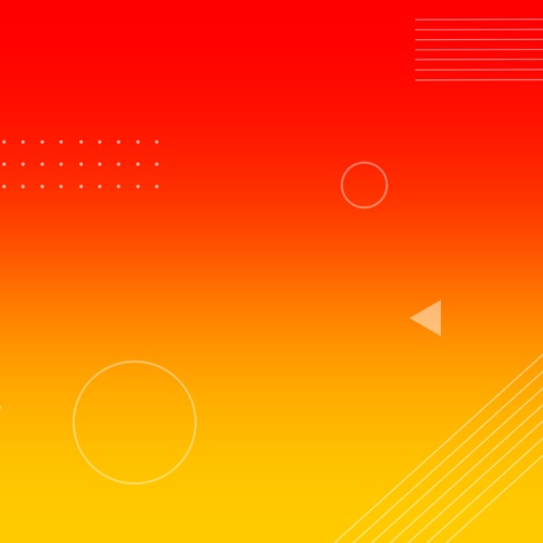 Red and orange background with geometric shapes.